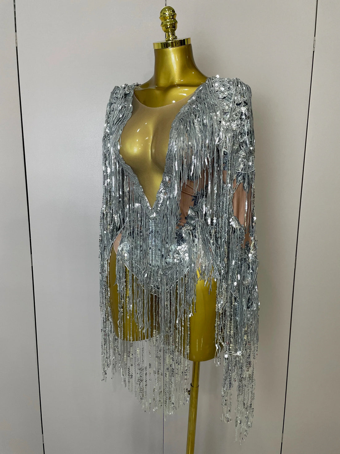 Flashing Sequins Tassels Sexy See-Through Sheath Bodysuit Evening Party Nightclub Dancer Stage Perfprmance Costume Silver