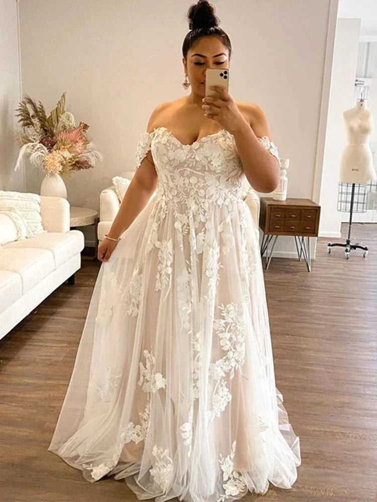 Pakaian Pantai Plus Saiz Perkahwinan Kekasih Dari Bahu Appliques Soft Tulle Bridal Gowns Sexy Open Back A-Line Robe De Mariée