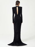 Black Deep V Plunge Long Dress Bead Sequins Butterfly Details Long Sleeves Slim High Slit Pleated Bodycon Party Evening Gowns