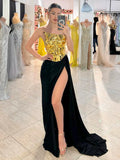 Sexy Backless Long Skirt 2 Pieces Set Women Strapless Golden Ruched Lace Up Top with Black High Slit Maxi Skirt Party Suits