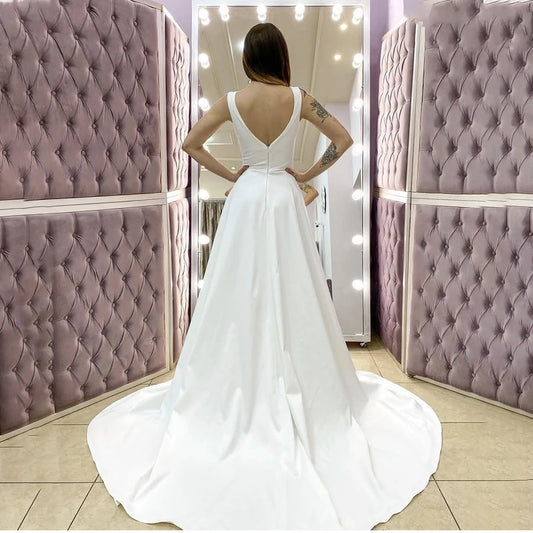 Gaun pengantin satin sederhana v leher leher lengan tanpa backless sisi celah garis gaun pengantin vestidos de novia jubah de mariee dibuat khusus