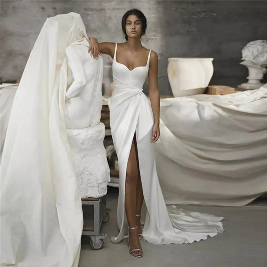 Syrenka proste suknie ślubne dla kobiet bez pleców szczeliną Satinę Boho Bride sukienka bohemian ślubna suknie nośne vestidos de noiva
