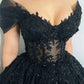 Black Evening Dress Beaded Lace Applique Off Shoulder V Neck Tulle Ball Gown Long Sweep Train Prom Gowns Elegant Woman