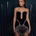 Stylish Necklace Shining Diamonds Strapless Black Bandage Mini Dress Fashion Woman Party Vestido Celebrity Birthday Outfit XL