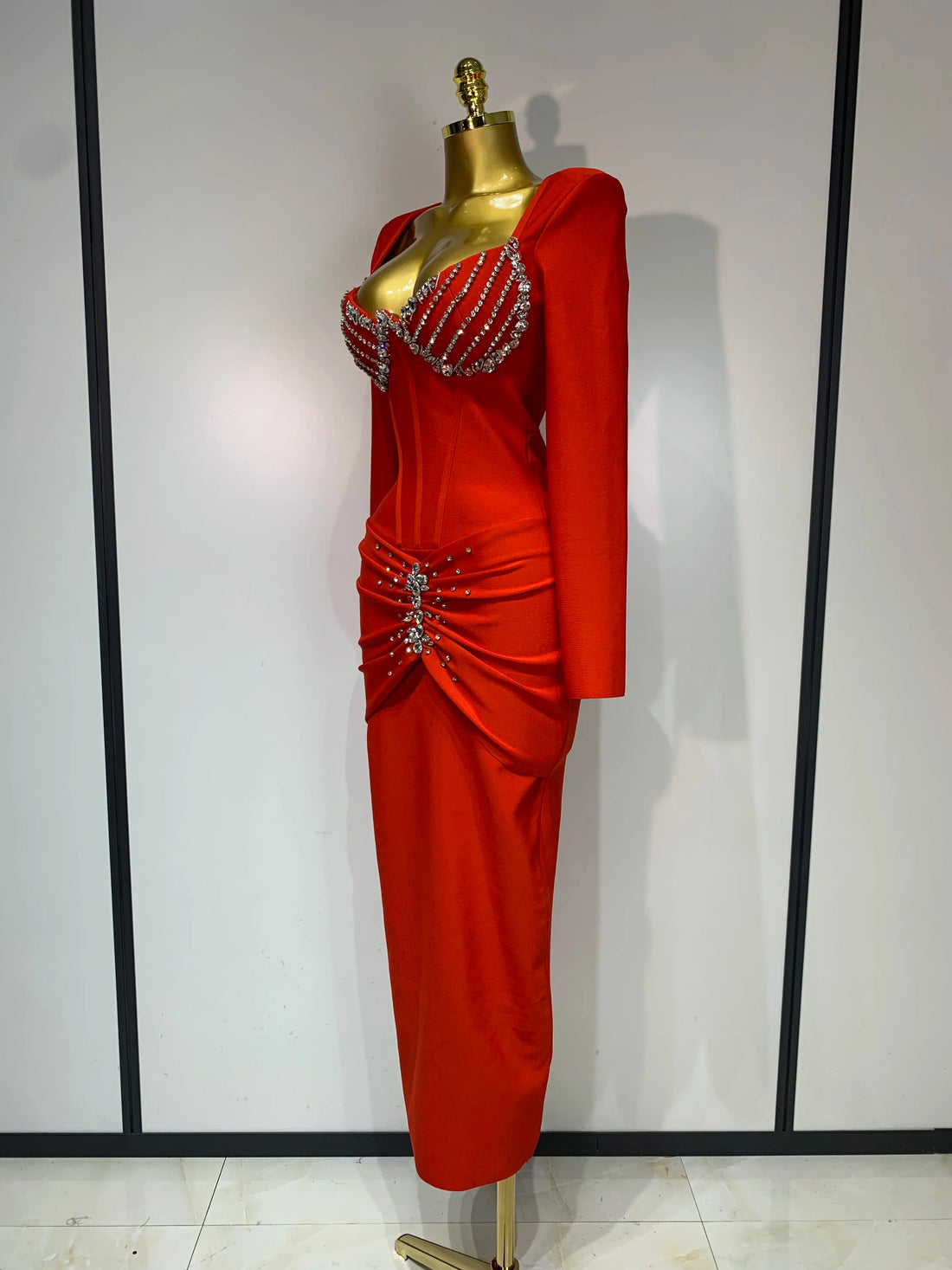 Women Sexy Luxury Sparkly Diamond Bandage Long Sleeve Bodycon Dress Celebrity Elegant Evening Club Pary Birthday Dresses Red