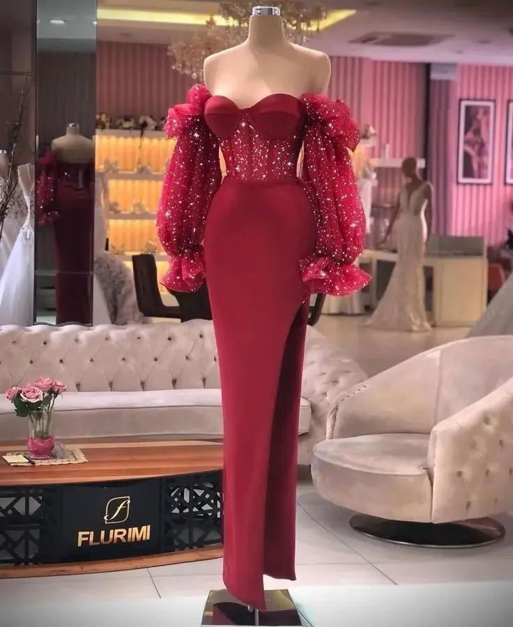 Off Shoulder Prom Dresses Mermaid Sequined Bling Sweetheart Puffy Full Sleeves Long Floor Length Evening Gowns Women Graduation