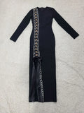 Sexy Women Heavy Industry Chain Drawstring Bandage Dress O-neck Long Sleeve Bodycon Midi Split Dress Evening Party Vestidos black