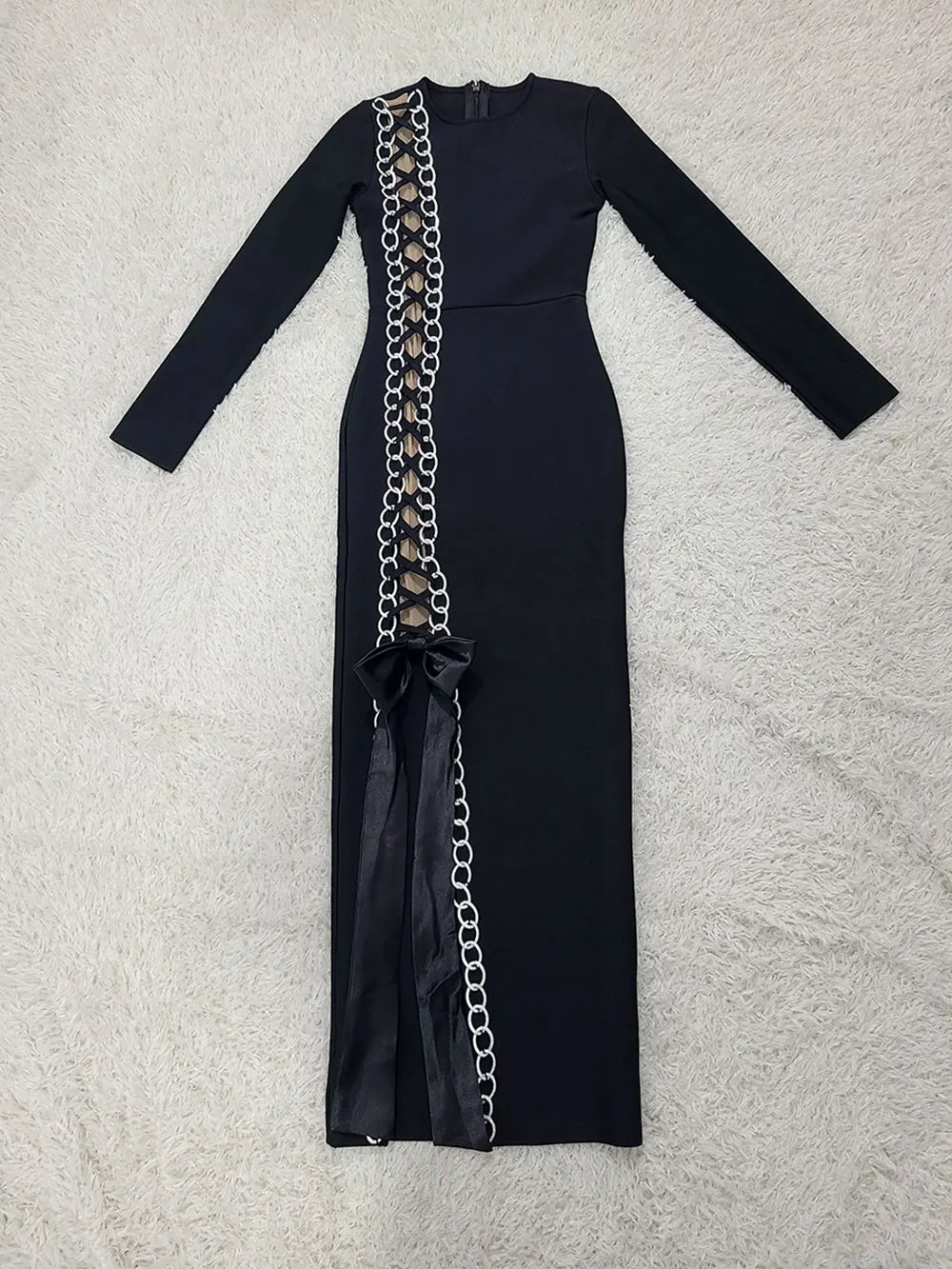 Sexy Women Heavy Industry Chain Drawstring Bandage Dress O-neck Long Sleeve Bodycon Midi Split Dress Evening Party Vestidos black