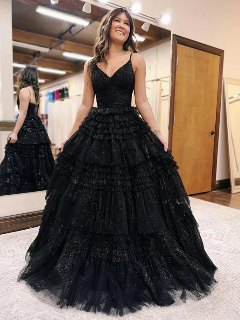 Black Organza Fabric A-line Prom Dress  Sleeveless Multilayer Strao vestidos de fiesta Spaghetti Strap  فساتين السهرة