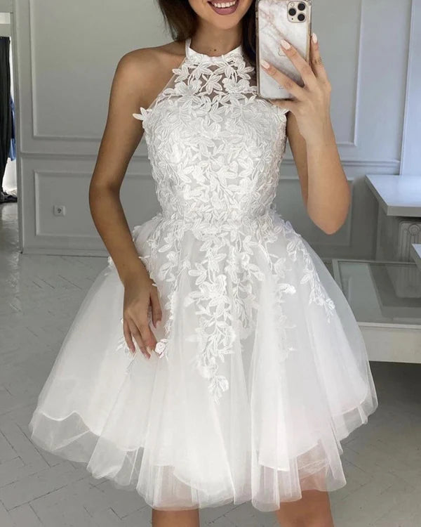 Vestidos de fiesta cortos con cuello Halter, apliques de encaje sin espalda, fiesta Formal, vestido de fiesta rosa y azul, vestido de noche champán hecho a medida