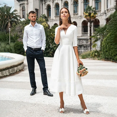 Robe De mariée courte et Simple en mousseline De soie, col en v, sur mesure, longueur aux genoux, manches longues, pour femmes