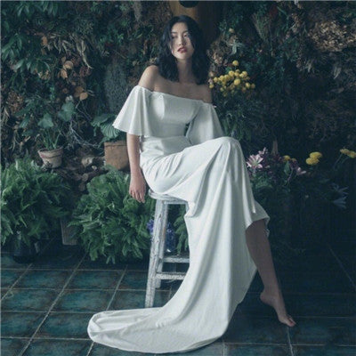 Vestido de novia blanco francés para foto de boda, elegante, Sexy, con hombros descubiertos, manga larga con volantes, vestido de fiesta de sirena de noche para graduación