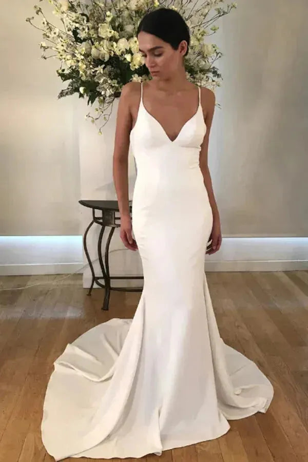 Simple Crepe Satin Wedding Dresses For Woman V Neck Sleeveless Spaghetti Straps Female Dress Button Sexy Open Back Gown 20w
