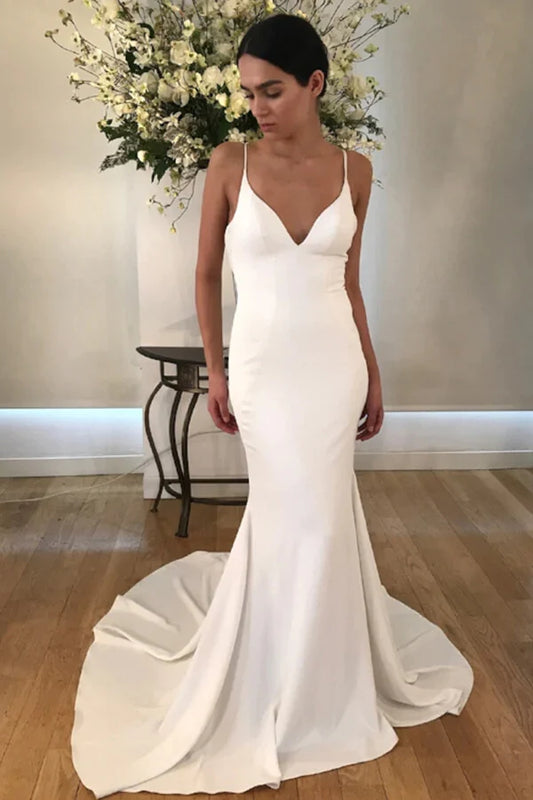 Simple Crepe Satin Wedding Dresses For Woman V Neck Sleeveless Spaghetti Straps Female Dress Button Sexy Open Back Gown