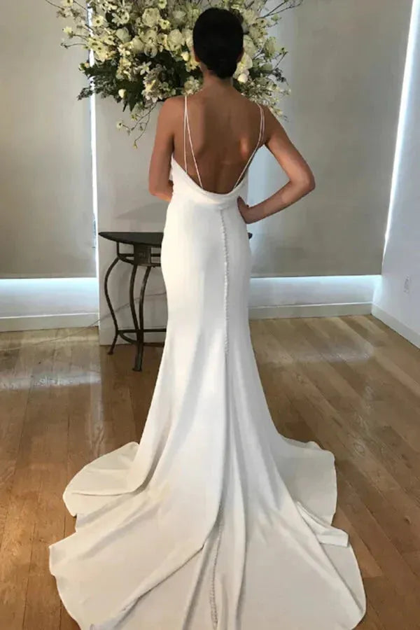 Simple Crepe Satin Wedding Dresses For Woman V Neck Sleeveless Spaghetti Straps Female Dress Button Sexy Open Back Gown 20w