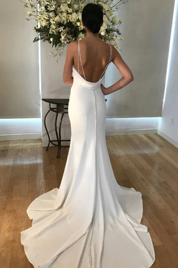 Simple Crepe Satin Wedding Dresses For Woman V Neck Sleeveless Spaghetti Straps Female Dress Button Sexy Open Back Gown