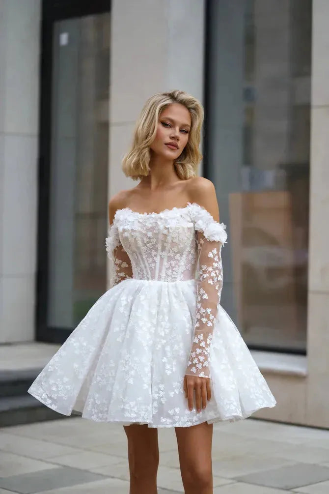 Long Sleeve Short Lace Wedding Dresses A Line 3D Flowers Mini Bride Dr