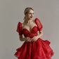 A Line Red Shiny Mini Wedding Dresses Sweetheart Detachable Sleeves Bridals Gowns Tiered Tulle Bride Party Dresses