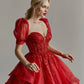 A Line Red Shiny Mini Wedding Dresses Sweetheart Detachable Sleeves Bridals Gowns Tiered Tulle Bride Party Dresses