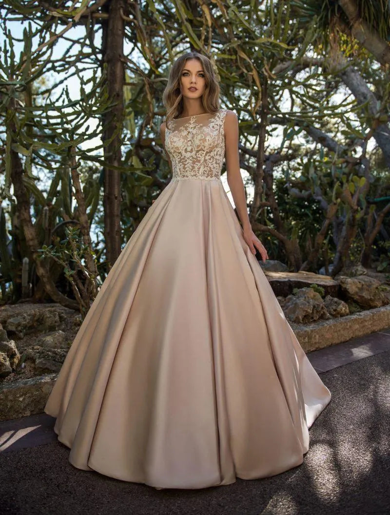 Amazing Champagne Satin Bateau Neckline See-through Bodice A-line Wedding Dresses Lace Applique Button Down Bridal Dress Same as picture