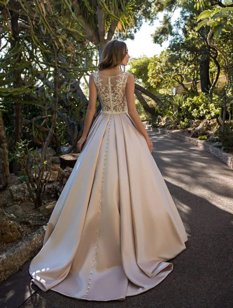 Amazing Champagne Satin Bateau Neckline See-through Bodice A-line Wedding Dresses Lace Applique Button Down Bridal Dress Same as picture