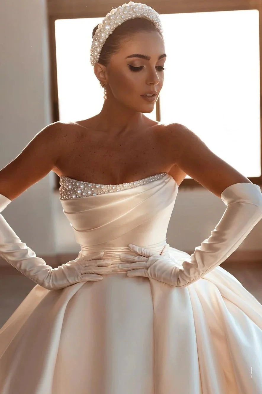 Elegant Pearls Wedding Dresses Modern Bridal Beach Boho Gowns Sweep Train Satin Ball Gown Plus Size Vestidos De Novia