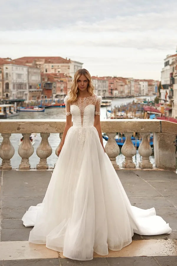 Elegant A-Line Wedding Dress Women Open Back V-Neck Lace Tulle Bridal Gown Vestidos De Noiva Customized Satin