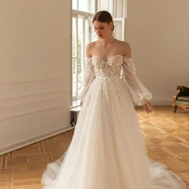 A-Line Wedding Dresses Appliques Off Shoulder Tulle Brides Party Dress for Women Sweep Train Long Bridals Dress Ivory