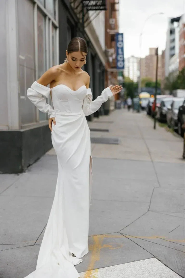 Modern Sweetheart Wedding Gown For Bride Straight Long Sleeve Pleat Illusion Backless Zipper Robe De Mariée Customised Satin