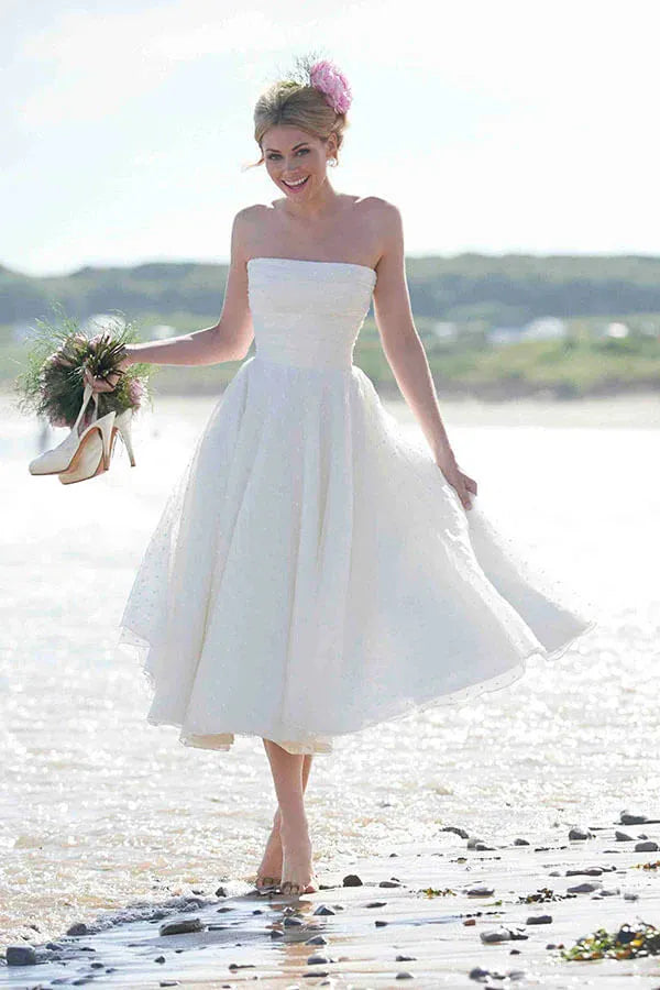 Vestido De Noiva Sexy Short Wedding Dress Strapless A Line Zipper Back Mid-Calf Organza Beach Wedding Gown 14w