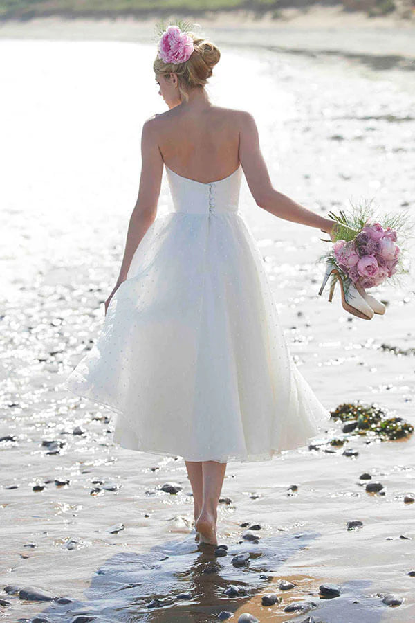 Vestido de noiva gaun pengantin pendek seksi strapless garis ritsleting belakang mid-calf organza pantai gaun pengantin