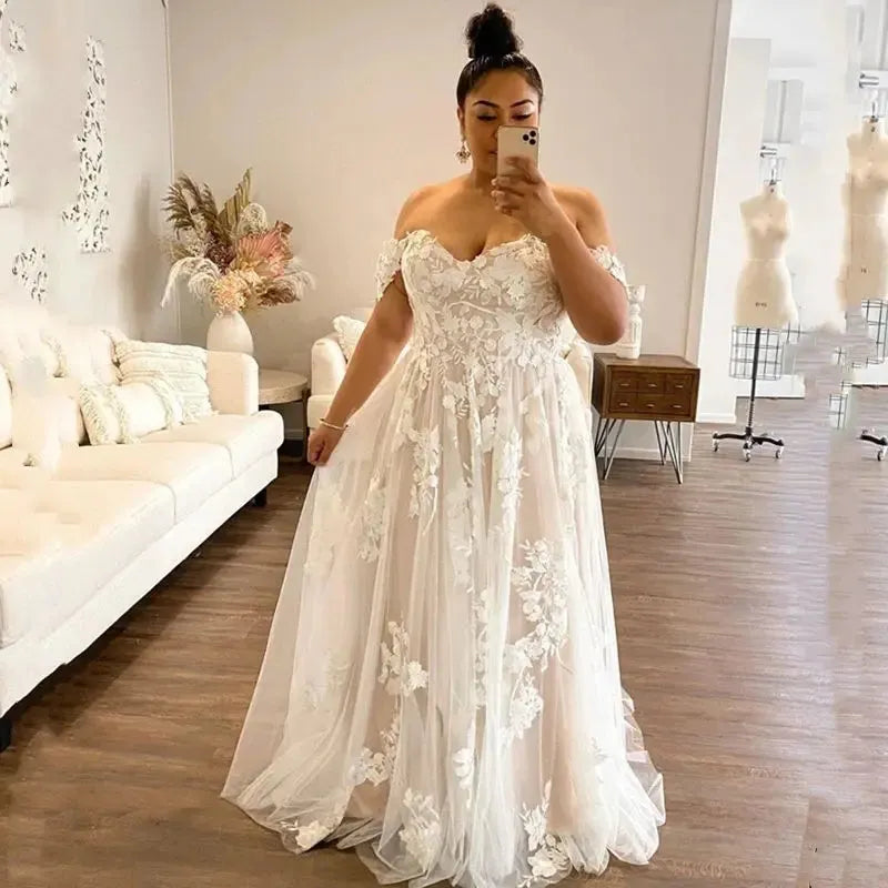 Beach Plus Size Wedding Dress Sweetheart Off The Shoulder Appliques Soft Tulle Bridal Gowns Sexy Open Back A-Line Robe De Mariée 14w Plus Size