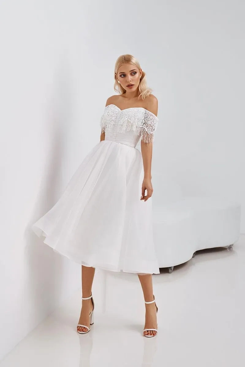 Short Charming Boho Two Pieces Bridal Wedding Gowns Lace Top Short Sleeves Neckline Wedding Dresses for Bride Robe De 24w