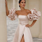 A-line Midi Wedding Dress with Puff Sleeves. Lace-up Back Corset Court Train Bridal Gowns Vestido De Novia Mermaid Princess