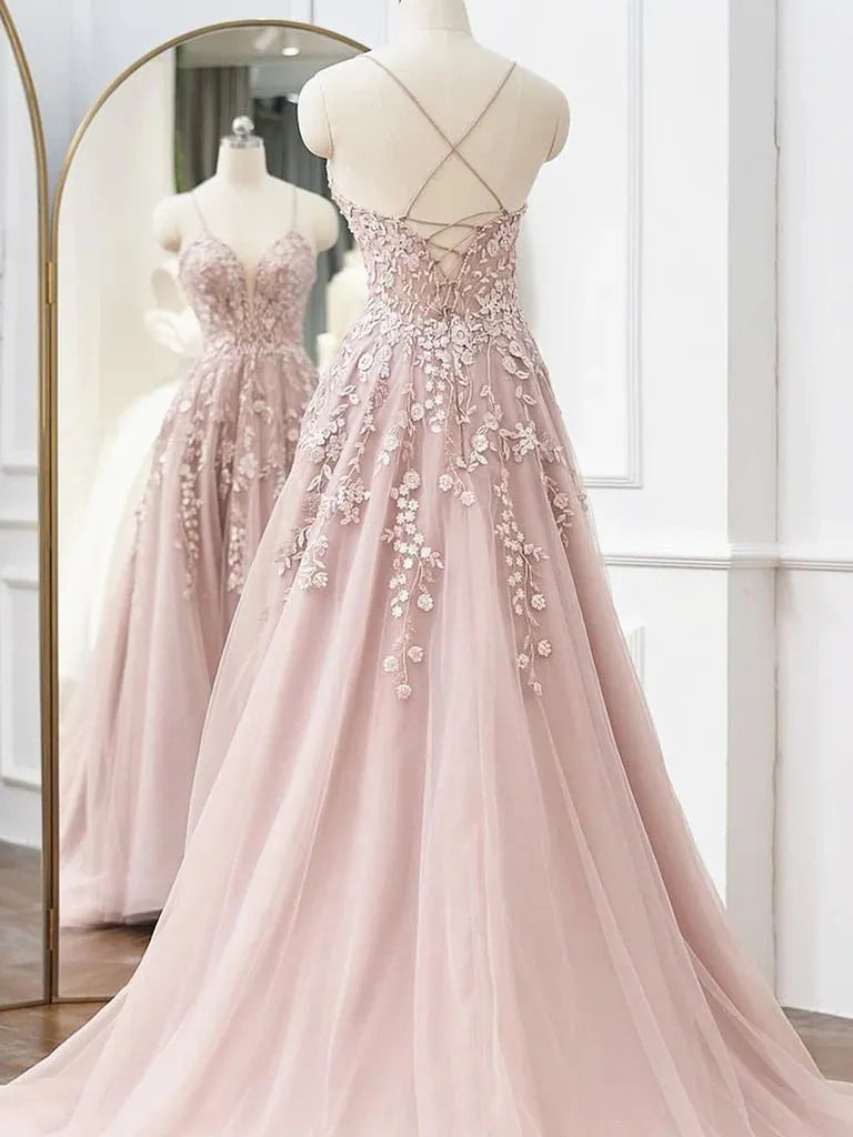 Tulle Evening Dresses Long A Line Sweetheart Spaghetti Strap Lace Applique Beaded Formal Party Gowns Pink
