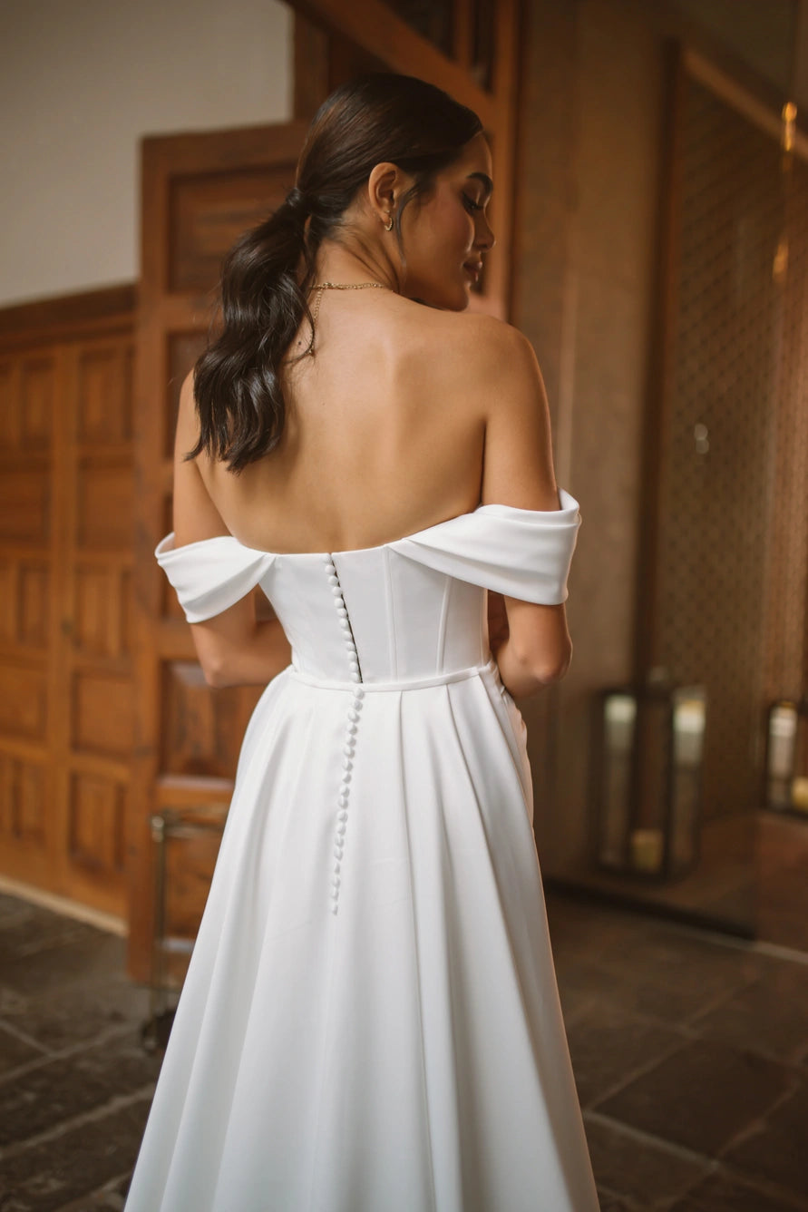 Elegant Off The Shoulder V-neck Pleat Soft Satin Mermaid Wedding Dresses With Detachable Train Side Slit Custom Made