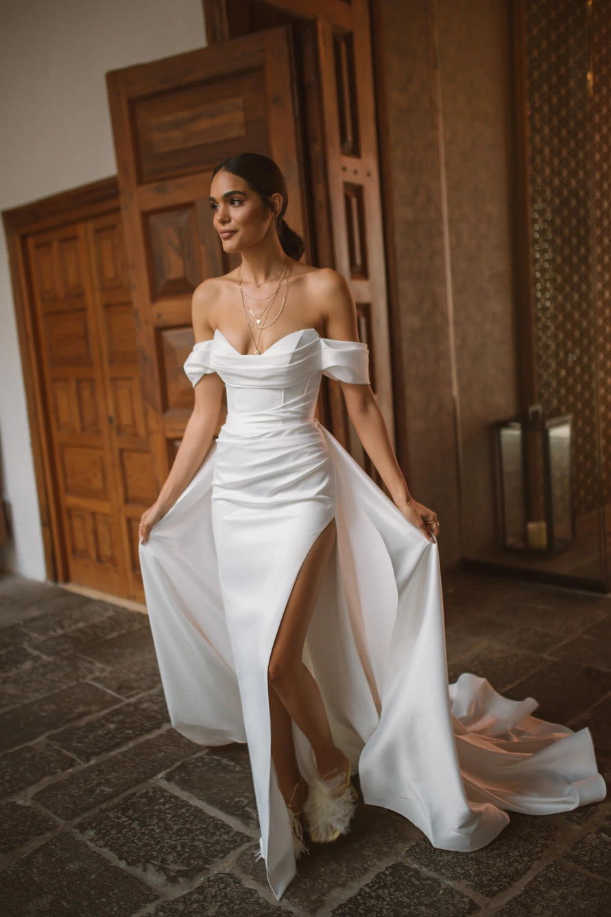 Elegant Off The Shoulder V-neck Pleat Soft Satin Mermaid Wedding Dresses With Detachable Train Side Slit Custom Made