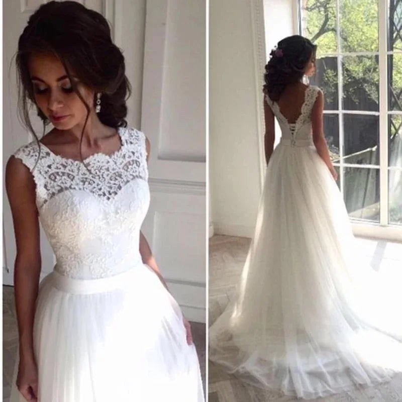 Bohemian Lace Beach Wedding Dresses Crew A-line Tulle Bridal Dresses Boho Chic Beach Country Wedding Gowns