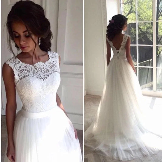 Bohemian Lace Beach Wedding Dresses Crew A-Line Tulle Bridal Dresses Boho Chic Beach Country Wedding Gowns