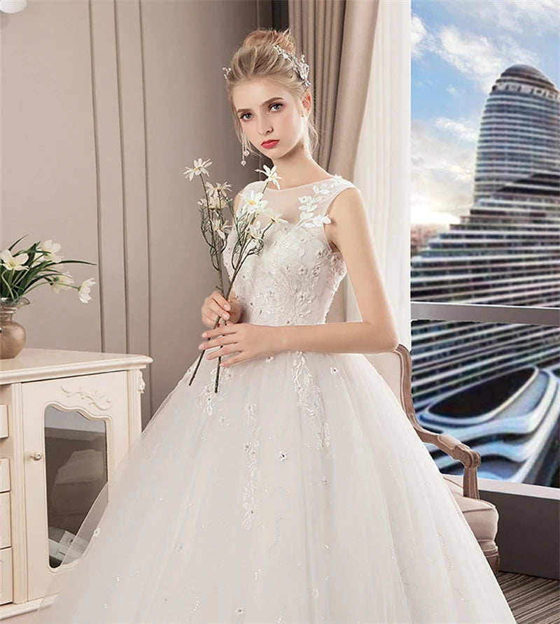 Vestido De Noiva Elegant Sleeveless Tulle Lace Appliques Beading Ball Gown O-neck Sexy Princess Wedding Gowns