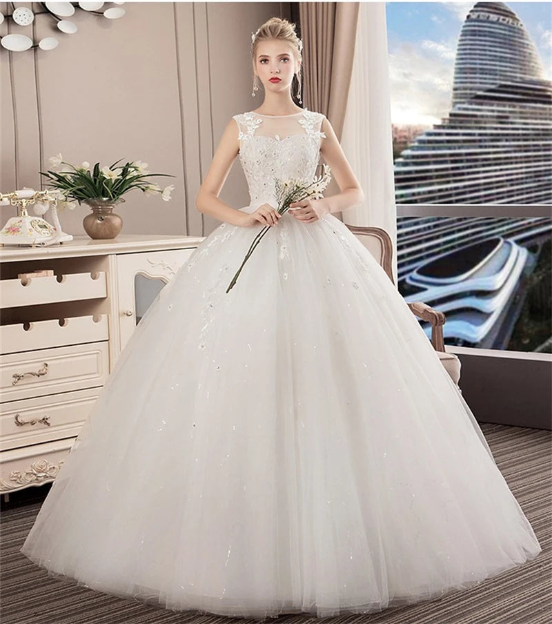 Robe De Noiva élégante sans manches en Tulle dentelle Appliques perles robe De bal col rond Sexy princesse robes De mariée