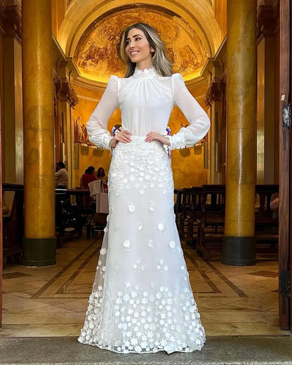 Vestidos de fiesta de boda elegantes de encaje bordado, vestidos de novia de sirena de flores de manga larga alta para mujer, vestido de fiesta de novia