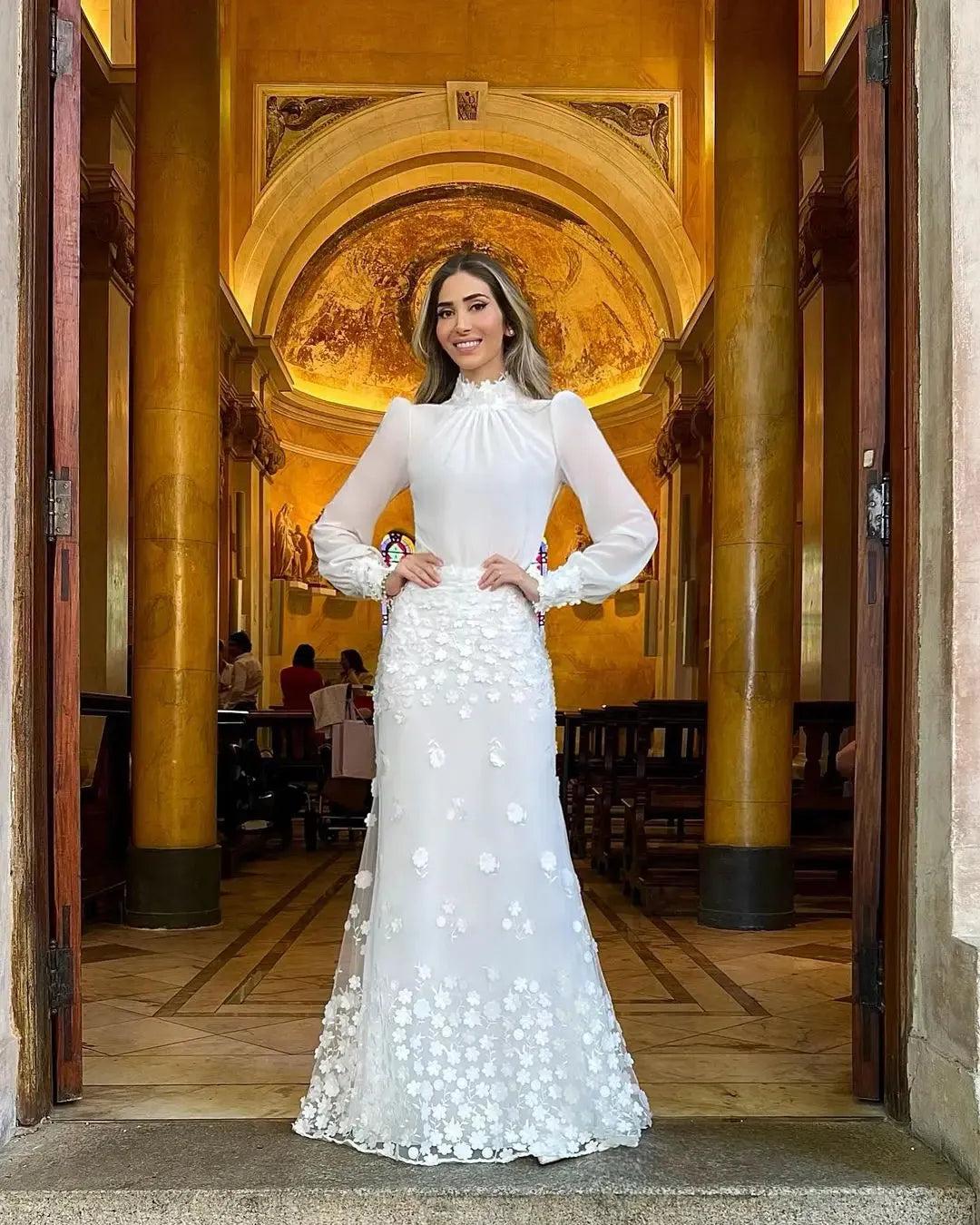 Embroidery Lace Elegant Wedding Party Dresses High Long Sleeves Flowers Mermaid Bridals Dresses for Women Bride Party Gown