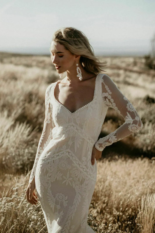 Abiti da sposa sirena in pizzo Boho Abiti a maniche lunghe Trumpla quadrata abiti da sposa bohémien sexy abiti da sposa sexy