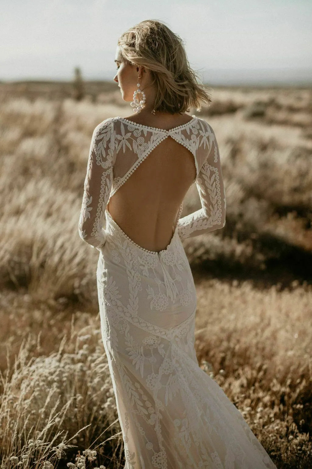 Boho Lace Mermaid Wedding Dresses Long Sleeves Square Neckline Trumpet Bohemian Bridal Gowns Sexy Backless Wedding Gowns