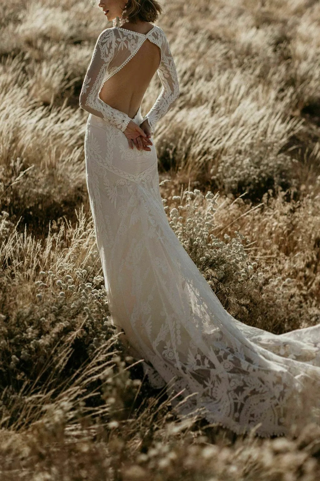 Boho Lace Mermaid Wedding Dresses Long Sleeves Square Neckline Trumpet Bohemian Bridal Gowns Sexy Backless Wedding Gowns