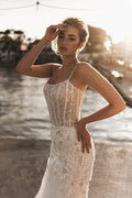 Serpentine-Mermaid Bridal Dress with Spaghetti Straps, Open Neckline, and Natural Waistline Satin