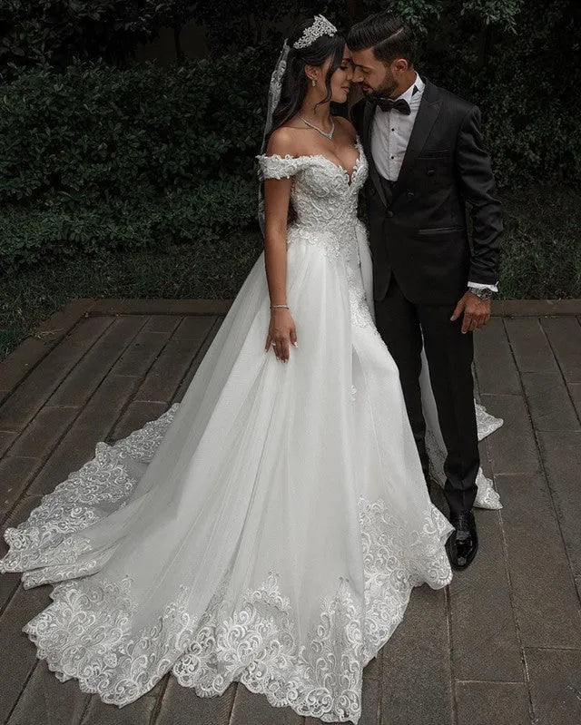 Poppy Luxury Boat Neck Mermaid Wedding Dresses Pearls Beaded Lace