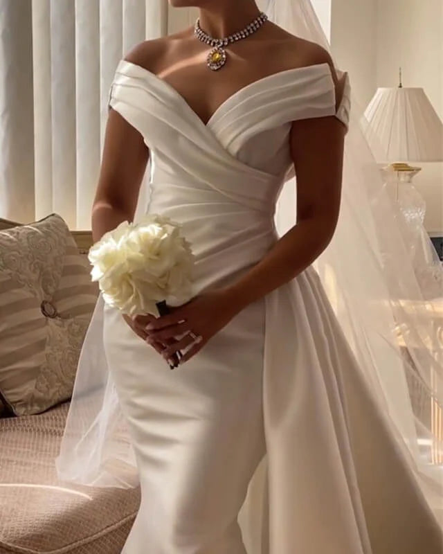 Robe de mariée princesse avec traîne longue, en Satin, style sirène, épaules dénudées, robe de soirée de mariage 