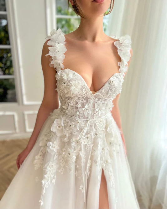 Faire-vestidos de novia de encaje con cinturón, flores en 3D, corte en A, abertura lateral, vestidos de novia con cuello en V, vestido de novia para fiesta de graduación 